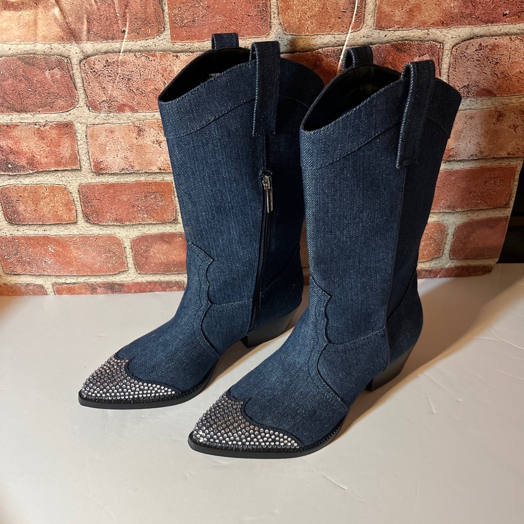 Karl Lagerfeld Lakota Boots Cowboy Denim Jeweled Almond Toe Western Rhinestones